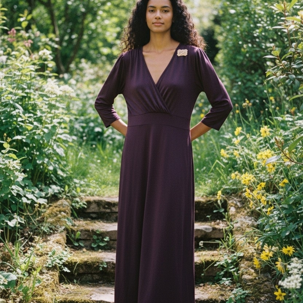 Sostanza Women's Maxi Dress Size‎ XL 3/4 Sleeve V Neck Dark Plum Purple